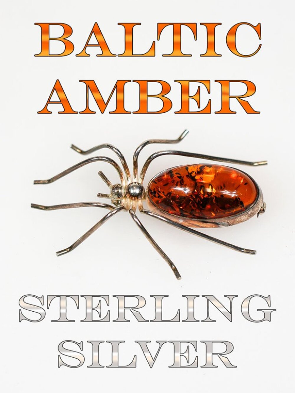 Vintage Amber & Sterling Silver Spider Brooch
